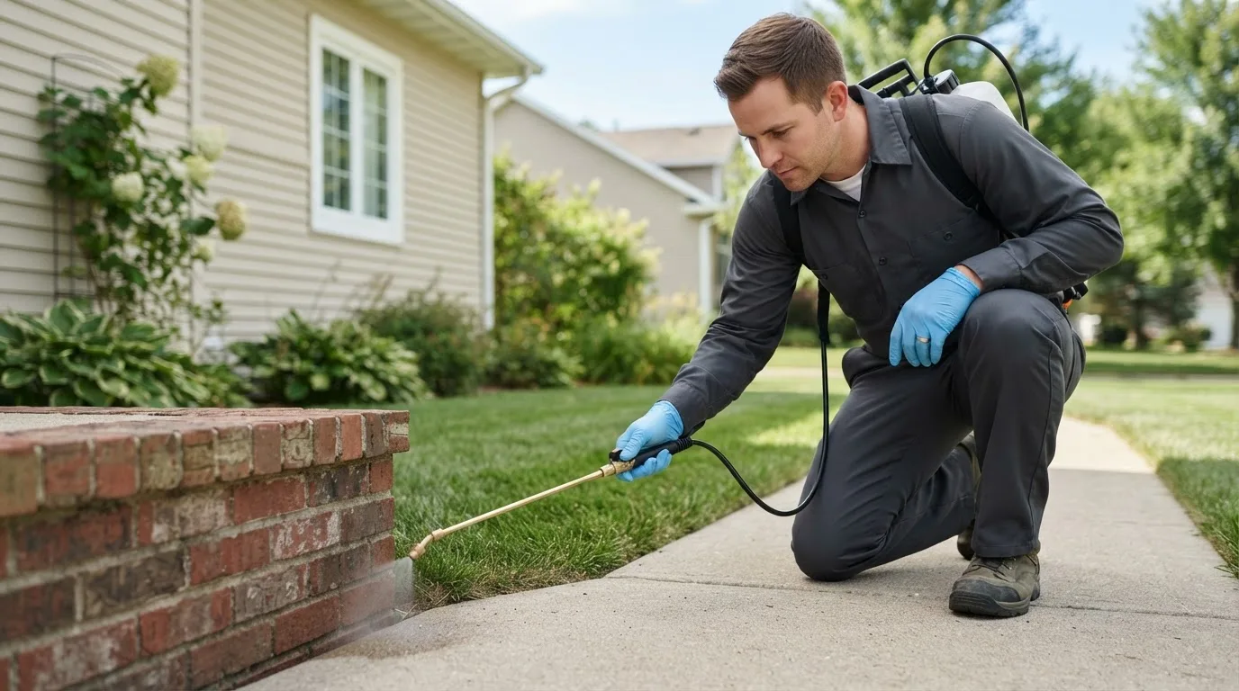 Pest control technician treating a home near Kansas City, MO